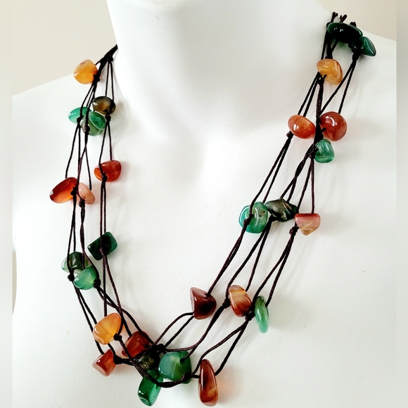 28" length 3-strands natural Red & Green Agate gemstone handmade necklace - Picture 3 of 6